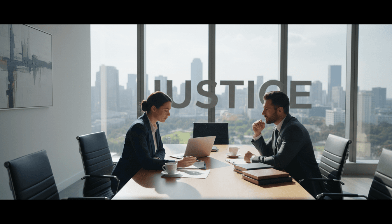 Attorney meeting with a client in a bright, modern law office