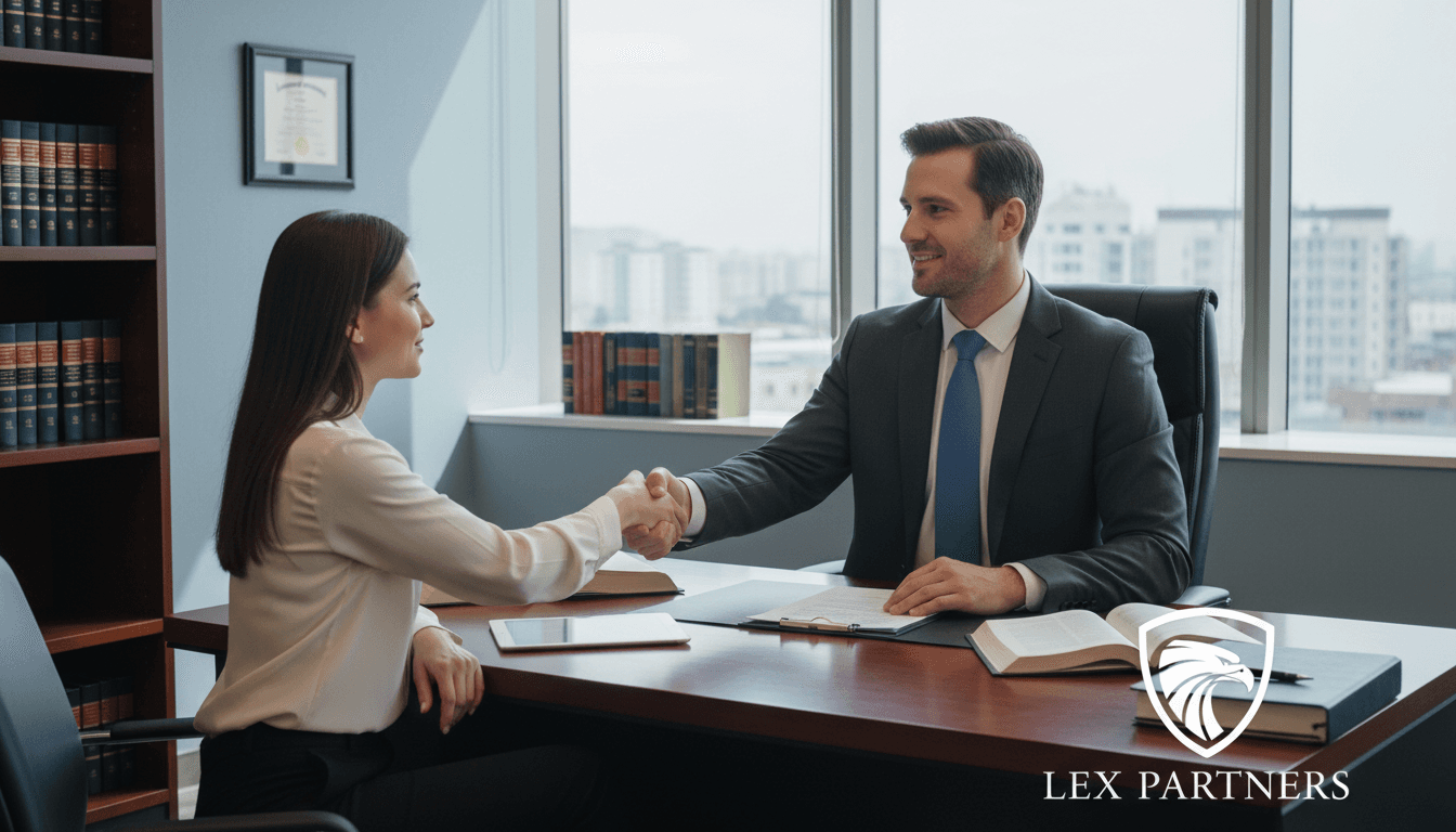 Professional attorney in a suit meeting with a client in a law office