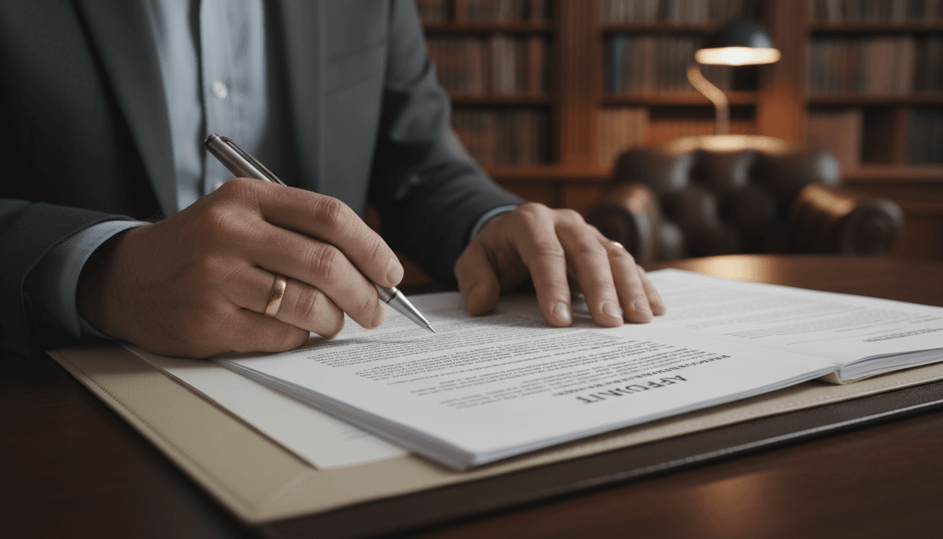 Attorney's hands reviewing legal documents at a desk in a law office