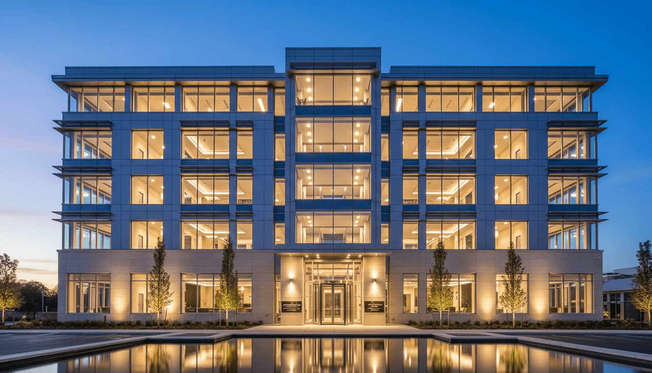Law office building with warm evening lighting